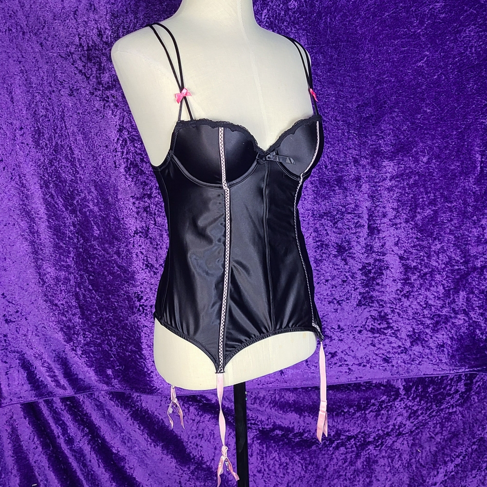 Victoria's Secret Y2K Satin Black And Pink Bustier Corset Garter Top 34B